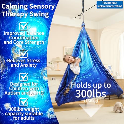 Sensory Swing for Kids Indoor & Outdoor Double Layer Therapy Cuddle Hammock Chair with 360 Swivel Hanger Kit Adjustable Swing for Child and Adult with Aspergers Autism ADHD (Ocean Blue) - color: Ocean-blue