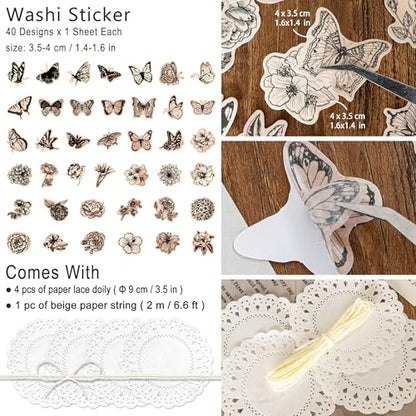 Mayplous Vintage Scrapbook Supplies Kit, Butterfly & Floral Mixed Media Ephemera Pack with Collage Paper, Washi Stickers and Vellum Paper for Junk Journal, Planner, Card Making, DIY Crafts (Benn)