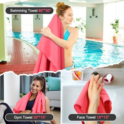Quick Dry Travel Towel, 3 Sizes 1 Pack Camping Microfiber Towel, Lightweight Fast Drying Towels Set 60"x30", 30"x15", 15"x15" w/Bag for Gym, Beach, Hiking, Swimming, Red - color: Red