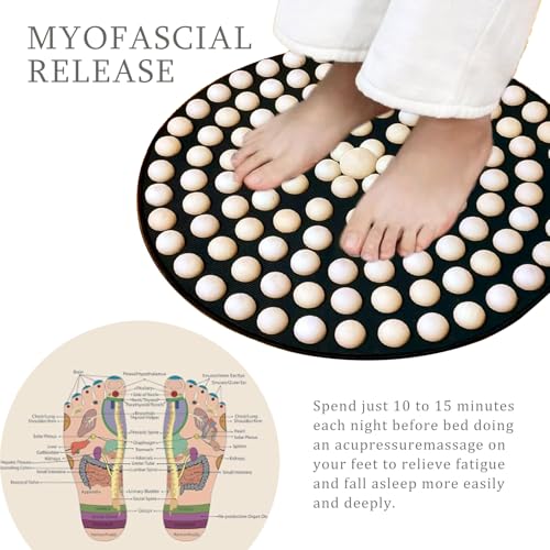 Wooden Acupressure Foot Massager Mat, Reflexology Pad for Pain & Stress | Round mat with 126 natural wooden beads on soft fabric. Relieves stress, improves circulation & eases tired feet. - color: Wood-round