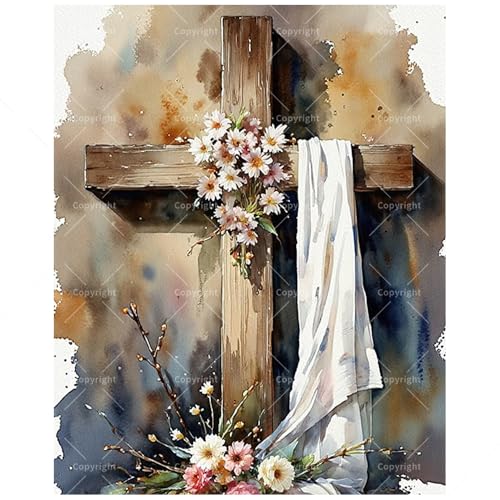 Religious Paint by Numbers Kit for Adults - DIY Cross with Flowers and Cloth Painting on Canvas 16x20 Inches, Acrylic Paint Set, Suitable for Beginners, Religious Art for Home Decoration or Gifts - color: TCXY05330, size: 16X20IN Folded