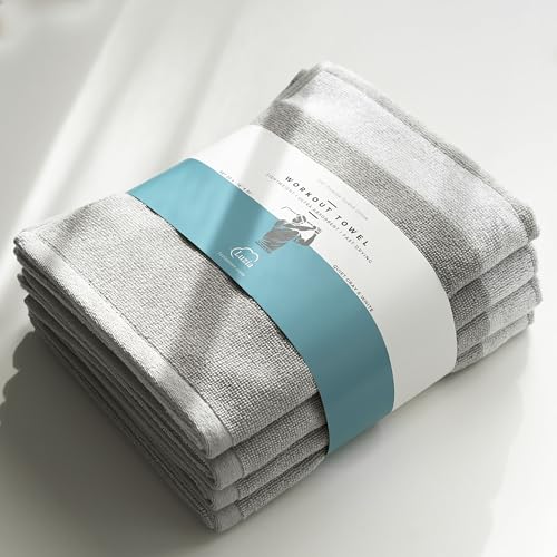 Luzia Striped Workout Towel for Sweat (Pack of 4) - Premium Quality 100% Turkish Cotton - Lightweight and Super Absorbent for Exercise, Sports, Workout, Fitness, Gym, Yoga, Running (Gray) - color: Quiet Gray - White, size: Set of 4