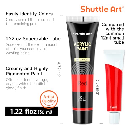 Shuttle Art 30 Colors Acrylic Paint Set, 36ml Tubes with 3 Brushes, Artist Grade Acrylic Paint, for Kids Adults Beginners, Painting on Crafts Canvas Wood Rocks