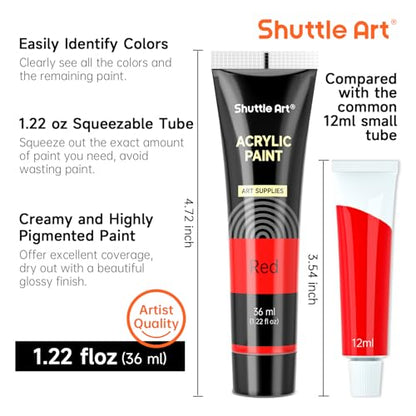 Shuttle Art 30 Colors Acrylic Paint Set, 36ml Tubes with 3 Brushes, Artist Grade Acrylic Paint, for Kids Adults Beginners, Painting on Crafts Canvas Wood Rocks