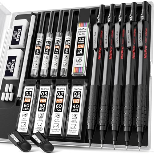 Nicpro Black Art 5PCS Mechanical Pencil Set, Metal Drawing With Lead Eraser | Pencils 0.3, 0.5, 0.7, 0.9 mm & 2mm Graphite Holder For Sketching Drafting With 9 Tubes (4B 2B HB 2H Colors) Refills Case - color: Black, style: 0.3 0.5 0.7 2.0