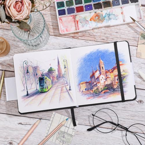 Hardcover Pocket Sketchbook 5 x 5 in, 80 Sheets Small Sketch Book, Black | 160gsm acid-free paper, elastic closure and ribbon bookmark, compact travel size for sketching on the go - color: Black
