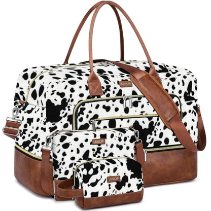 Large Women Travel Weekender Bag: Carry on Duffle with Shoe Compartment | Overnight Duffel Bags with Wet Pocket, Crossbody & Toiletry Bag, 3PCS Womens Traveling Tote Set for Hospital Gym Weekend Trip - color: Black Cow Print
