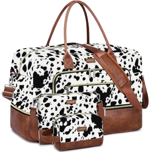 Large Women Travel Weekender Bag: Carry on Duffle with Shoe Compartment | Overnight Duffel Bags with Wet Pocket, Crossbody & Toiletry Bag, 3PCS Womens Traveling Tote Set for Hospital Gym Weekend Trip - color: Black Cow Print