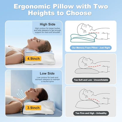 VYLEE Cervical Neck Pillow for Pain Relief, Cooling Memory Foam Pillow - color: Blue and White