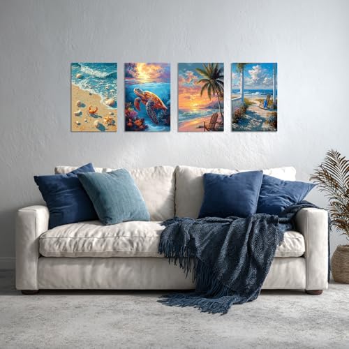 TBAIRO 4 Pack Beach Framed Paint by Numbers Kit for Adults Beginner Sea Turtle DIY Painting Kits for Adults Beach Easy Adult Paint by Number Kits on Canvas for Wall Art Decor 8x12 Inch