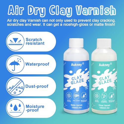 2 x 100ml Air Dry Clay Varnish, 100ml Gloss and 100ml Matte Finish Air Dry Clay Glaze， Prevent Clay from Cracking, and Scratch Resistant，for Ceramics, Oil Paintings, Wood (Gloss+Matte) - size: 2*100ML-Gloss+Matte