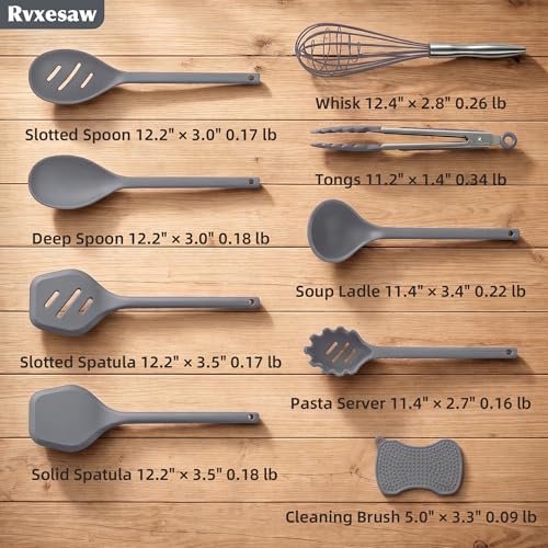 Kitchen Utensils Set,9 PCS Silicone Cooking Utensils Set Spatula Set,Tongs,Spoon,Whisk,Brush,Dishwasher Safe Kitchen Gadgets for Non-Stick Cookware,Home Essential，Kitchen Appliances Tool(Gray) - color: Gray