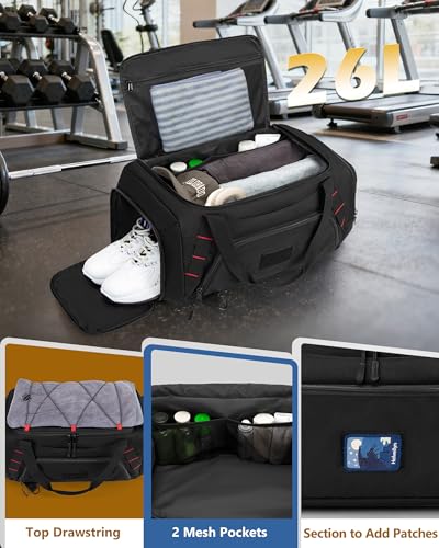 Smasrob 26L Gym Duffle Bag with Backpack Straps & Shoe Compartment | with and Wet Pocket, Small Duffle Bag for Travel and Sports, Black
