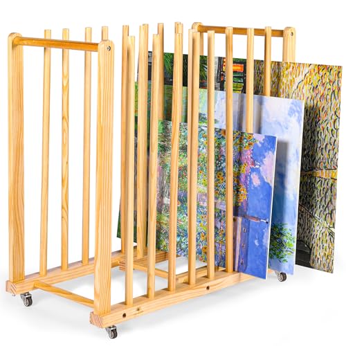 Art Storage Rack and Art Rack for Studio Storage Organizer for Canvases – Paint Drying Rack with Adjustable Panels, Handles & Caster Wheels for Artwork - Canvas Boards - Frames & Prints - color: Pine Varnished