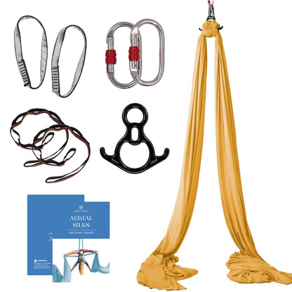 Aerial Silks Starter Kit, 9 Yards, Aerial Yoga Hammock, Hardware | Knitted fabric with pose guide, for aerial yoga, gymnastics, silk swing, stretching and home gym use, suitable for all levels - color: Gold