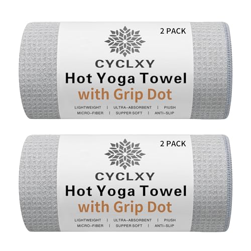 2 Pack Hot Yoga Towel with Grip Dot，Stickyfiber Yoga Mat Towels Non Slip for Hot Yoga,Absorbent Microfiber Sweat Anti-Slip Cover,Bikram,Pilates,Exercise - color: Gray, size: 72.00" x 26.50"