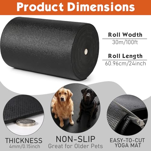 Nuanchu Yoga Mat Roll 24 inch Width, 4mm Thick Non Slip Exercise Mat, Large Anti Tear Gym Flooring for Home Workout, Fitness, Senior Dog Floor Protection - size: 100ft