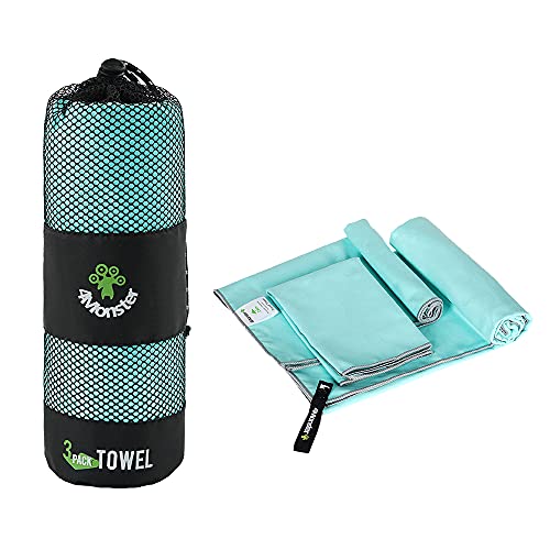 4Monster Camping Towels 3 Size at 1 Pack,Quick Dry Microfiber Towel,Beach Travel Towel Ultra Compact,Soft Gym Towel for Hiking Yoga Travel Sports Backpacking Trip and Pool - color: Lake Green