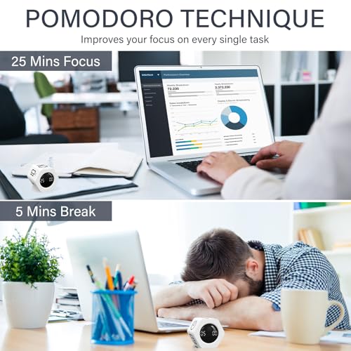 회전 생산성 타이머 5, 25, 10 30,60분 프리셋 스톱워치, 데스크 플립 생산성 타이머, ADHD 도구 육각형, 진동/음소거/알람, 직장, 공부, 개학, 주방, 화이트 - color: 화이트.