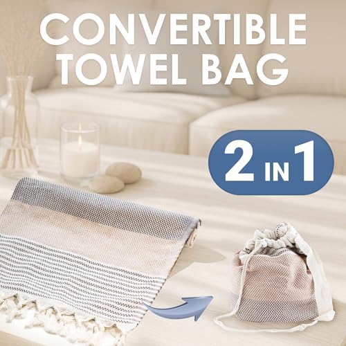 ATANI Turkish Beach Towel, Converts to a Bag, Oversized 100% Cotton Bath Towels Lightweight Quick-Dry Beach Blanket for Travel, Picnic, Camping, Yoga and Pool (Brown, 71 inc x 39 inc) - color: Brown, size: 71 inc x 39 inc