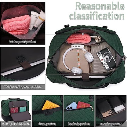 Weekender Bag, Large Travel Duffel Bag for Women, Carry on Overnight Bag with Shoe Compartment and Toiletry Bags - color: B-Dark-Green