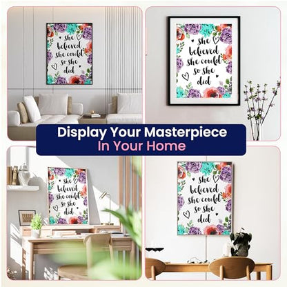 Modern Merch Inspirational Diamond Art for Adults DIY Motivational Quote Wall Art Floral 5D Diamond Painting for Adults, Flowers Cross Stitch Gem Art, Round Drill 12x16 - color: She Believed