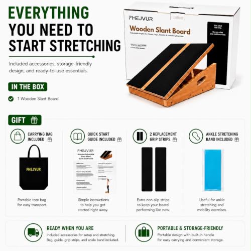 Professional Adjustable Wooden Slant Board, 5 Angle Incline Board for Calf Stretching, Squat Wedge & Ankle Mobility, Non-Slip Portable Exercise Board for Home Gym
