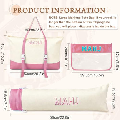 Mahjong Bag Storage Carrying Case for Tiles with Shoulder Strap (Pink) | 3-Bag System, External Mat Strap, Large Capacity, Lightweight Canvas, Reinforced Stitching, Fast Packing. - color: Pink