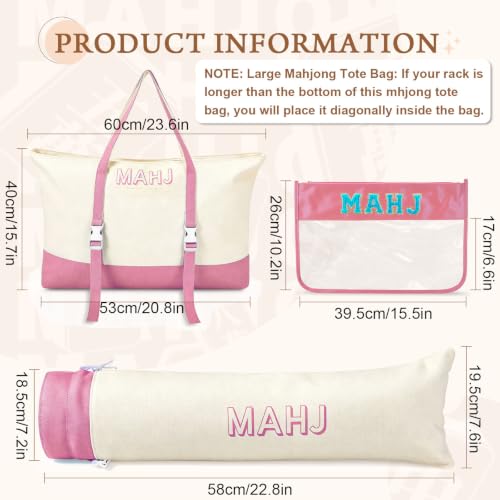 Mahjong Bag Storage Carrying Case for Tiles with Shoulder Strap (Pink) | 3-Bag System, External Mat Strap, Large Capacity, Lightweight Canvas, Reinforced Stitching, Fast Packing. - color: Pink