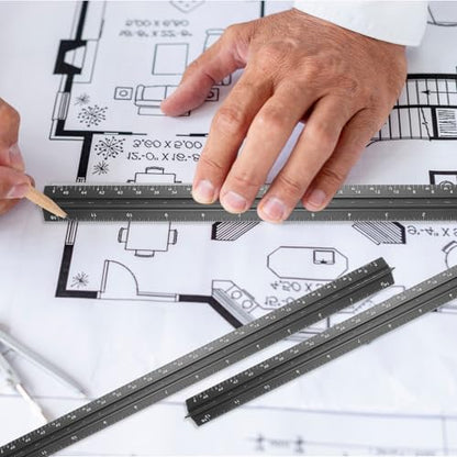 10 Pcs Architectural Scale Ruler 12" Imperial Architect Engineers Scale Triangular Ruler Aluminum Alloy Metal Triangle Drafting Rulers Measuring Tools for Architect Engineer Draftsman Artists (Black)