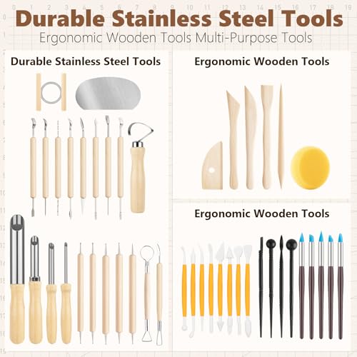 UUSYCUN 52PCS Pottery Tools for Sculpting, Ceramics Clay Tools for Pottery Kiln, Pottery Wheel, Trimming, Carving, Modeling, Beginners, Polymer Clay, Air Dry Clay, Pros, Adults, Crafting Supplies - color: Wood-52PCS