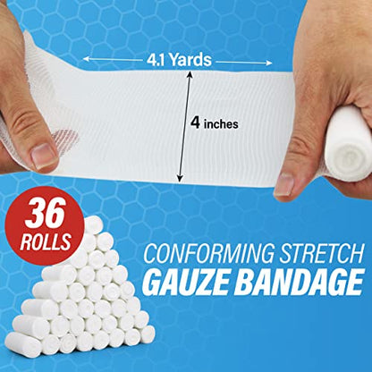 AFFORDTEX Gauze Bandages – 36 Rolls - Premium First Aid Supplies for Safe Adventuring – Flexible, Stretchable, and Breathable Gauze Rolls – 4” x 4.1 Yards Bandage Wrap for Wound Dressing - size: 4" Pack of 36 Rolls