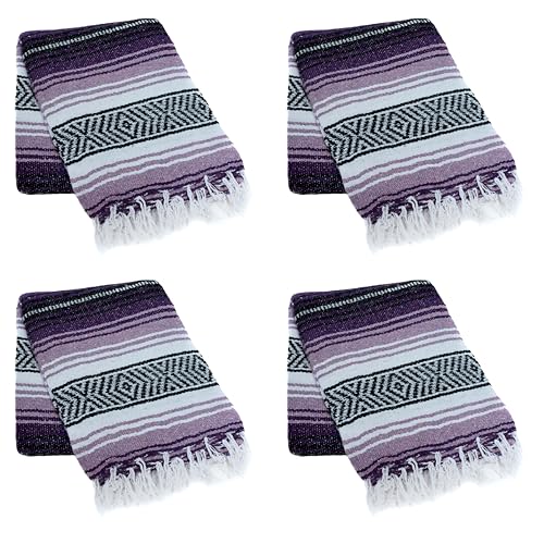 La Montana Bulk Falsa Mexican Blanket, 4 Pack, Dk Purple/Lt Purple/White | Authentic 74"x50" Lightweight Yoga Blanket Made in Mexico - Decorative Throw for Picnic, Camping, Beach, Bed, Home Decor - color: Dark Purple/Light Purple/White