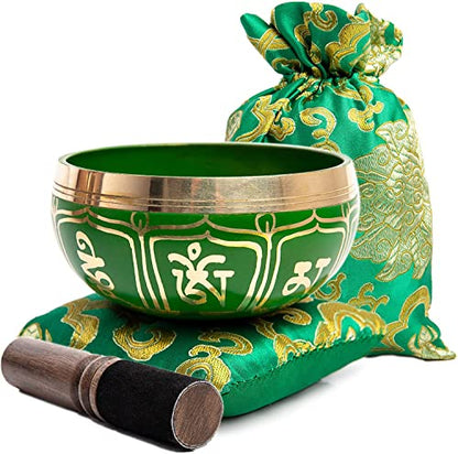 Tibetan Singing Bowl Set - Authentic Handcrafted Mindfulness Meditation Holistic Sound 7 Chakra Healing by Himalayan Bazaar (Emerald) - color: Emerald Green