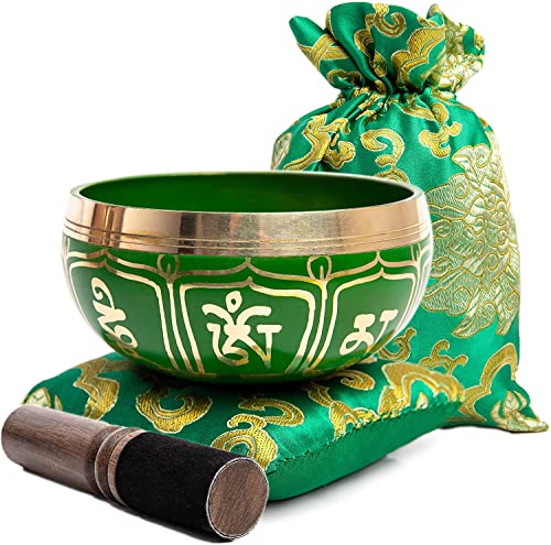 Tibetan Singing Bowl Set - Authentic Handcrafted Mindfulness Meditation Holistic Sound 7 Chakra Healing by Himalayan Bazaar (Emerald) - color: Emerald Green