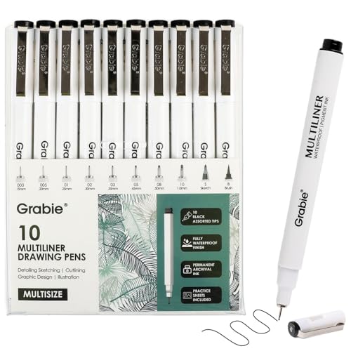 Grabie Micro Fineliner Pens, 10 Waterproof Black Drawing Pens | Waterproof Pigment Ink, Precision Drawing, Assorted Tip Sizes, Metal-Clad Nibs, Smooth Ink Flow - color: 10-Black