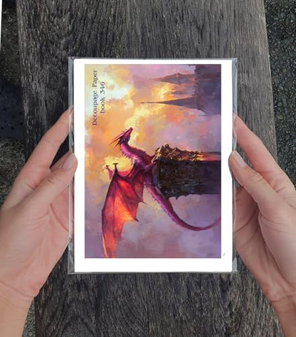 Decoupage Paper Pack (35 Sheets 6"x8") Regal Fantasy Dragons ~ Powerful Dragons in Fiery Reds, ICY Whites, and Twilight Tones, Captured mid-Flight in Epic Fantasy Illustration Painterly Richness - color: Four