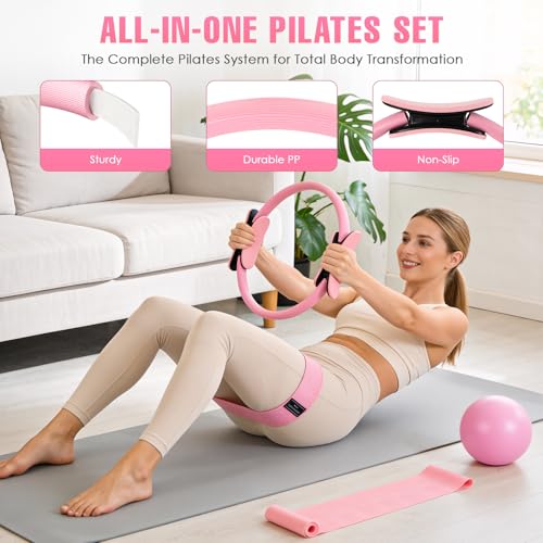 Pilates Kit, Pilates Equipment for Home Workouts, Home Pilates Essentials Kit for Women with Pilates Ring and Ball Set, Socks, Ankle Resistance Bands with Cuffs, Resistance Band and Massage Ball - color: Pink