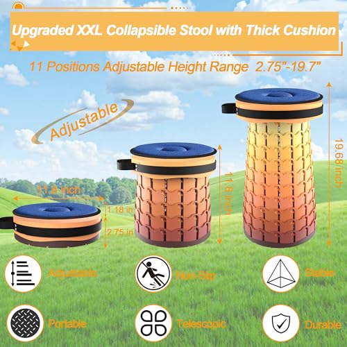 ALEVMOOM Upgraded XXL 19.7" Collapsible Stool with Cushion, Heavy Duty Portable Folding Stool Max Load 1000 lbs, Retractable Telescoping Foldable Seat Chair for Camping Fishing Travel - color: Gradual Fire