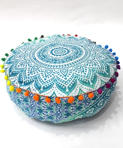 INDIAN CRAFT CASTLE ICC Mandala Barmeri Large Floor Pillow Cover Cushion Meditation Seating Ottoman Throw Cover Hippie Decorative Zipped Bohemian Pouf Ottoman Cases Green Ombre 16" Round - color: Green, size: 16"D x 16"W x 5"H