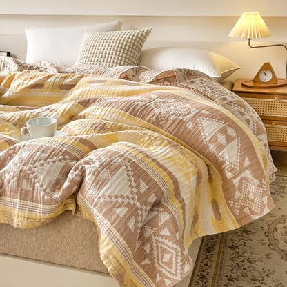 MEJU Yellow Boho Indian Retro Southwest Muslin All Season Blanket for Bed Sofa Couch 100% Combed Cotton 3 Layer Soft Cozy Reversible Quilt Throw Blanket Bed Coverlet F/Q 80 in x 90 in - color: Boho Yellow, size: F/Q 80 in x 90 in