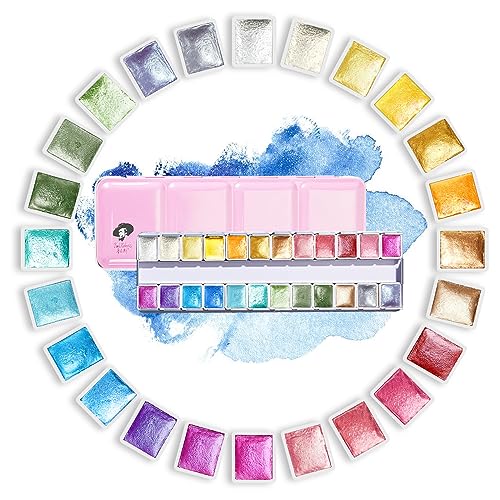 Paul Rubens Artist Watercolor Paints-Metallic Glitter Solid Colors-Pink Portable Metal Case with Palette-24 Color Set Sparkle Watercolor - color: Paints-Glitter 24 Colors