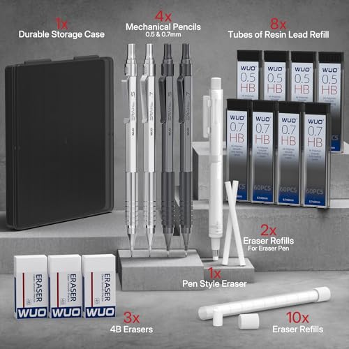 WUO Mechanical Pencil Set, 4 Pack 0.5mm & 0.7mm Metal Drafting Pencils | Mechanical pencils with 480 HB leads, eraser pen, 4B erasers, case for technical drawing, sketching, writing & school - color: Silver+Grey