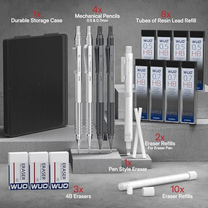 WUO Mechanical Pencil Set, 4 Pack 0.5mm & 0.7mm Metal Drafting Pencils | Mechanical pencils with 480 HB leads, eraser pen, 4B erasers, case for technical drawing, sketching, writing & school - color: Silver+Grey