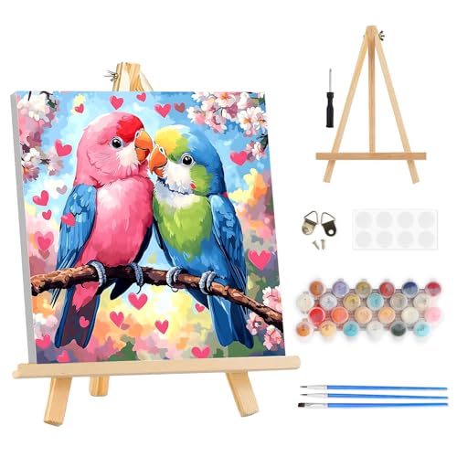 TOSTOG Lovebird Pair Framed Canvas Paint by Numbers Art Kit for Adults and Kids, Beginner Acrylic Oil Painting Supplies with Wooden Frame for Home Wall Decor 25 * 25 cm/10 * 10 in - color: Lovebird Pair