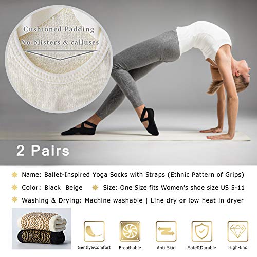 Ozaiic Pilates Socks for Women Non Slip Grip Yoga Barefoot Indoor Workout - color: Black/ Beige -2p（1st Anniversary Edition）