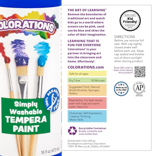 Colorations - SWT16 Simply Washable Tempera Paints, 16 fl oz, Set of 11 Colors, Non Toxic, Vibrant, Bold, Kids Paint, Craft, Hobby, Arts & Crafts, Fun, Art Supplies | Matte Finish, Vibrant Colors, Non-Toxic Craft Paint, Classroom Supplies, School & Craft