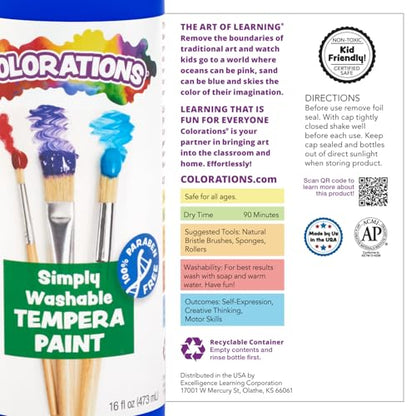 Colorations - SWT16 Simply Washable Tempera Paints, 16 fl oz, Set of 11 Colors, Non Toxic, Vibrant, Bold, Kids Paint, Craft, Hobby, Arts & Crafts, Fun, Art Supplies | Matte Finish, Vibrant Colors, Non-Toxic Craft Paint, Classroom Supplies, School & Craft