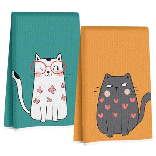 Jztco 2 Pcs Cute Cat Kitchen Towels, Cats Gifts Reusable Hand Towels | Microfiber Dish Cloths for Drying Dishes, Waffle Dish Towels for Kitchen Home Decor, Cat Lover Gifts for Women Mom - color: Multi 1489