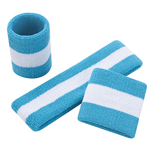 ONUPGO Sweatband Set Sports Headband Wristband Set Sweatbands Terry Cloth Wristband Wrist Sweatband Headbands Moisture Wicking Sweat Absorbing Head Band - color: Neon Blue/White/Neon Blue